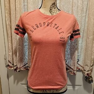 Aeropostale Coral Graphic Tee with Stripes